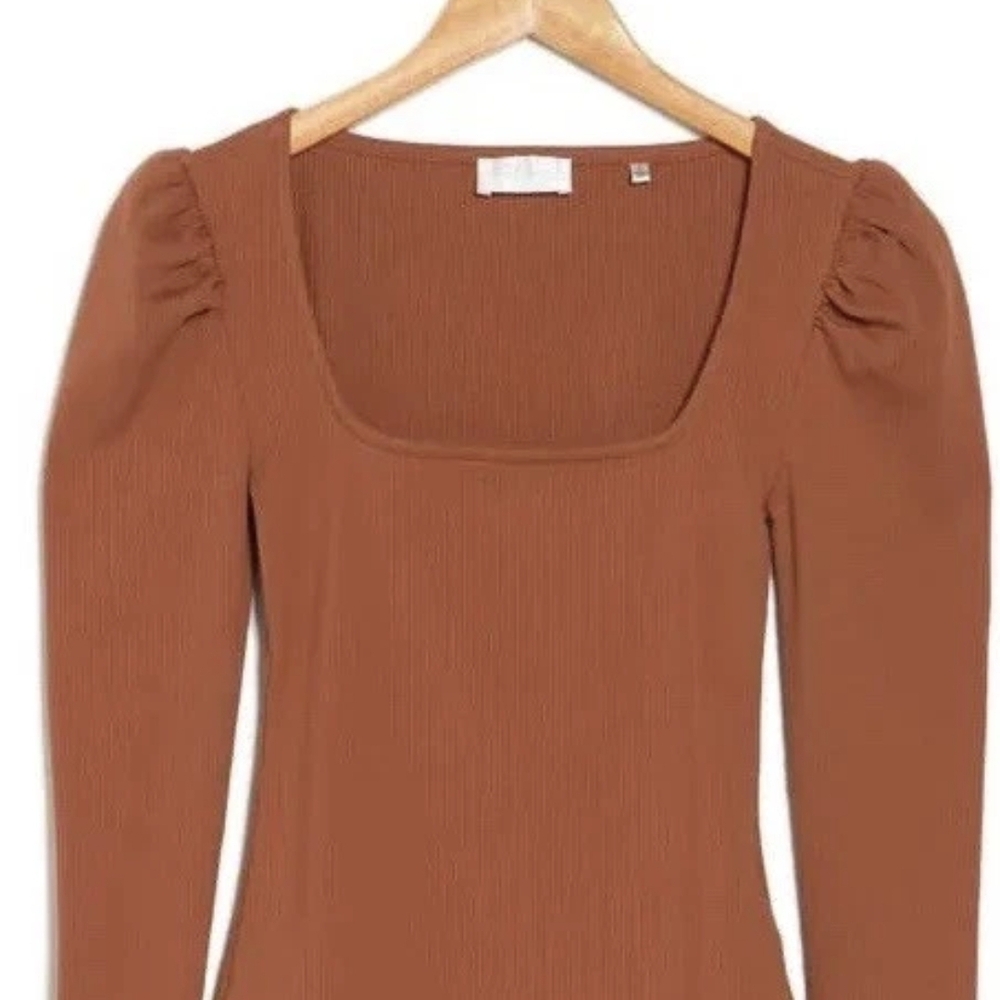 7 For All Mankind Puff Long Sleeve Square Neck Ribbed Top Size S New Sealed